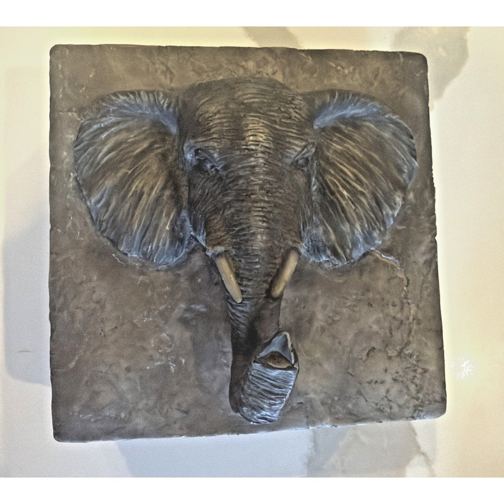 Elephant Head Relief Sculpture 3D 6" X 6" Box Art Rustic Cabin Lodge Decor